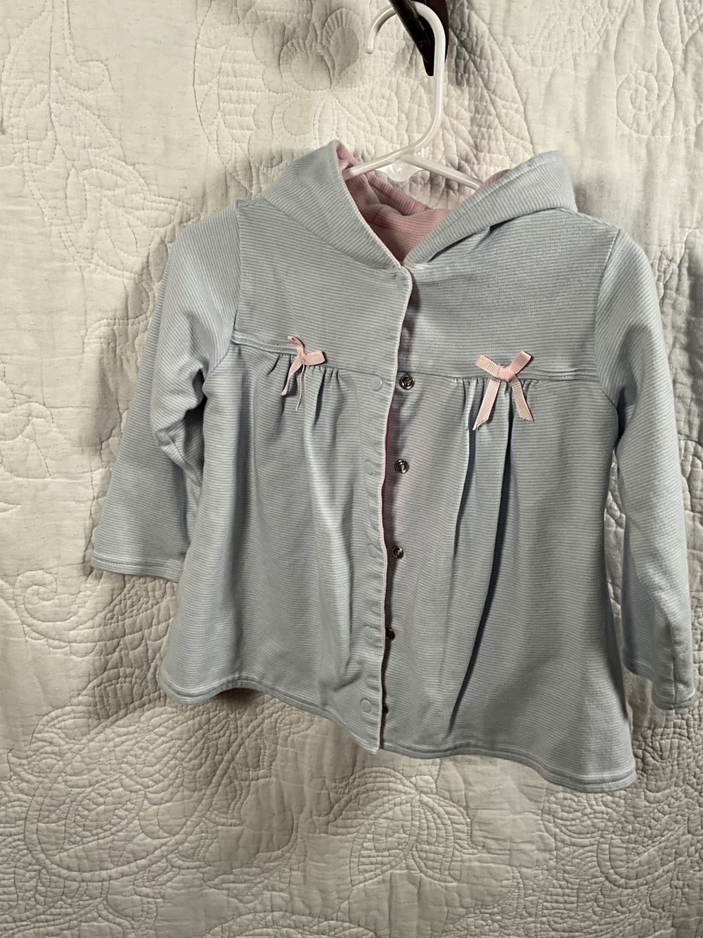 Baby Hooded Cardigan with Pink Bow Accents - Light Blue